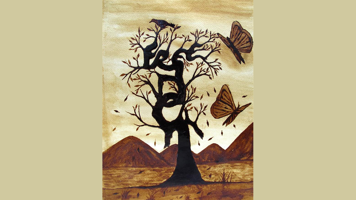 Painting of a tree with large butterflies
