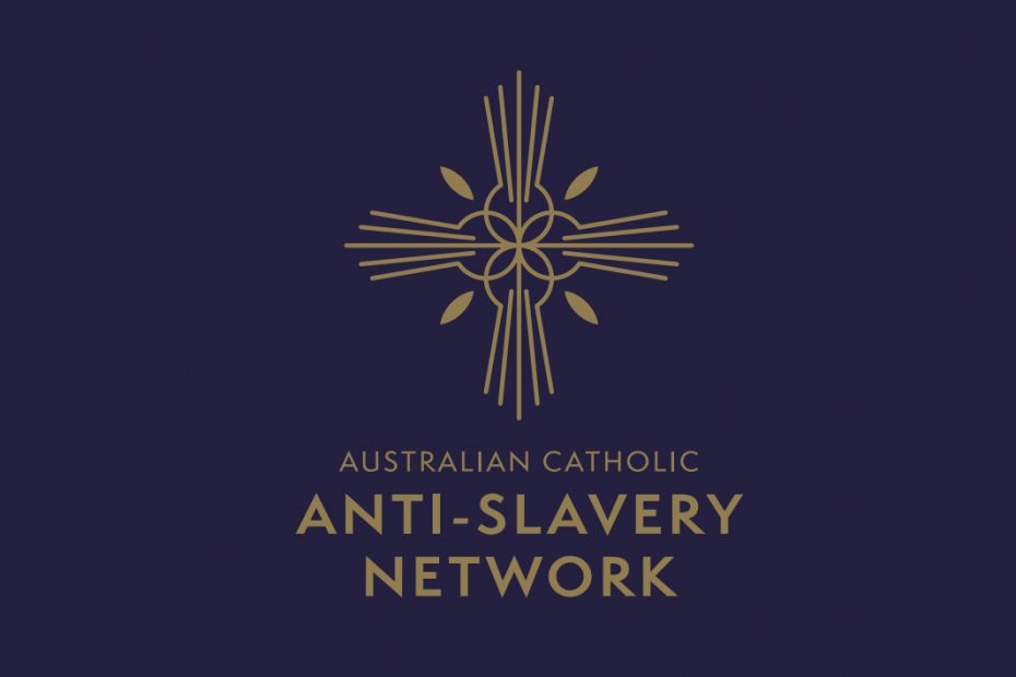 A gold cross emblem on a dark navy background. Title Australian Catholic Anti-Slavery Network