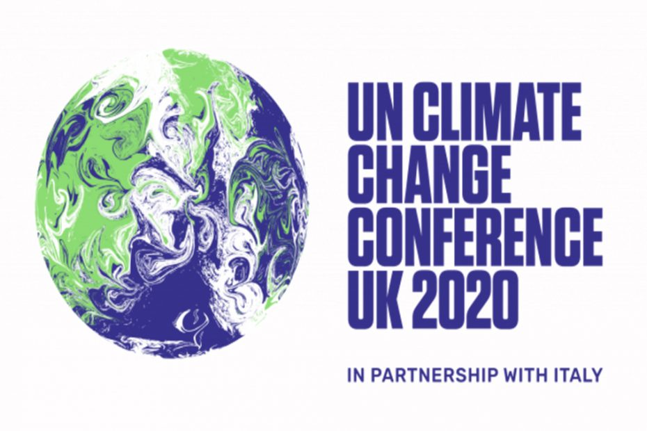 Stylised globe with the text "UN climate change conference UK 2020"