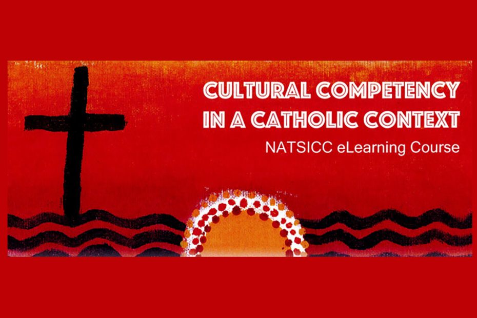 A painting with an orange background, with an orange semi circle in the middle of the bottom with orange and red dots surrounding it. Black lines wriggle along the bottom edge. A black cross is on the left hand side and white text on the right hand side saying, "Cultural Comptency in a Catholic Context: NATSICC eLearning"