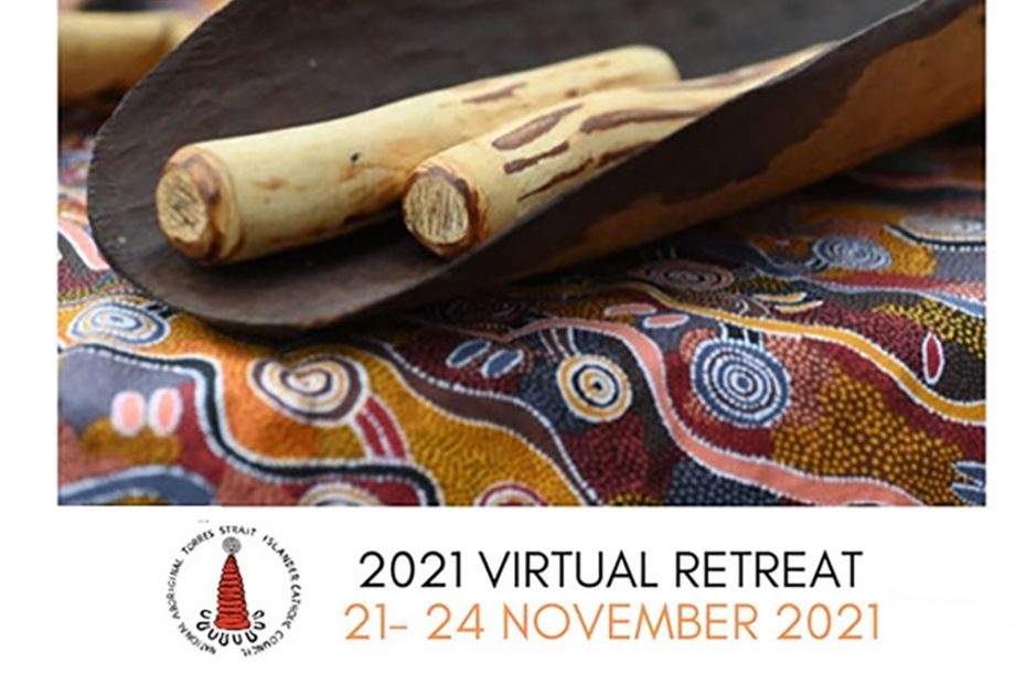 Message sticks are sitting in a Coolamon on fabric with Aboriginal design. The NATSICC symbol is beneath the photo with the text "2021 Virtual Retreat: 21-24 November 2021"