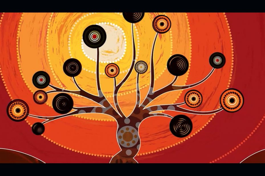 A beautiful Aboriginal painting of a tree where there are intricate circles at the ends of each of the branches with a sky made of yellow, orange and red concentric circles.