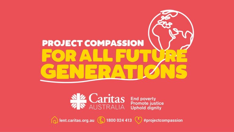 On a red background the Project Compassion: For All Future Generations logo sits. Caritas' logo is below the text and there are links to Caritas' website, www.caritas.org.au, phone number 1800 024 413 and hashtag projectcompassion