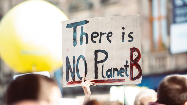 A photo of a protest sign reading "There is no planet B"