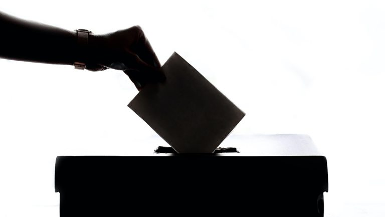 The silhouette of a person putting a ballot in a ballot box.