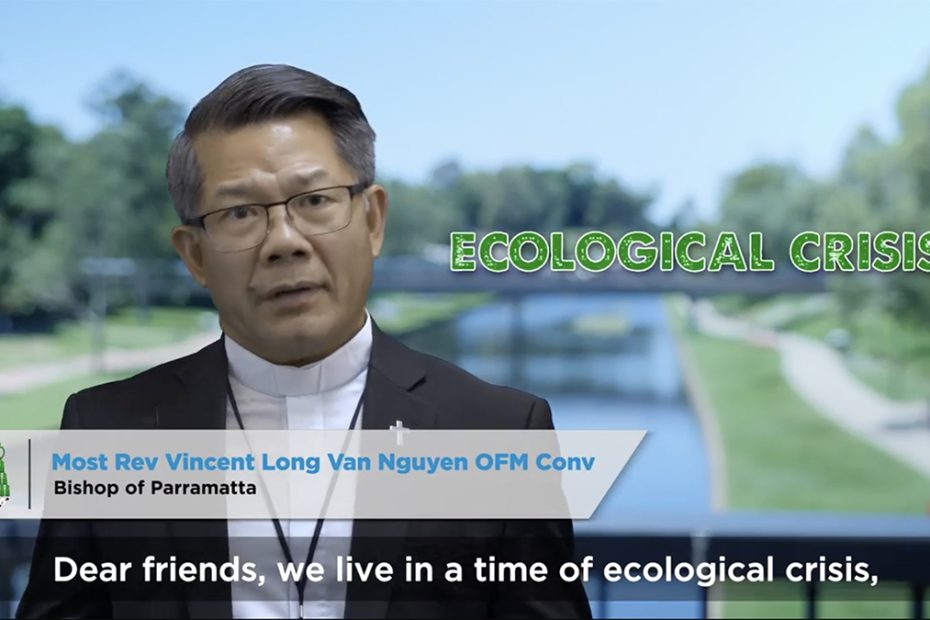 Bishop Vincent Long mid-speech talking to camera against the background of the Parramatta river. Text at the bottom reads, "Dear friends, we are in a time of environmental crisis."