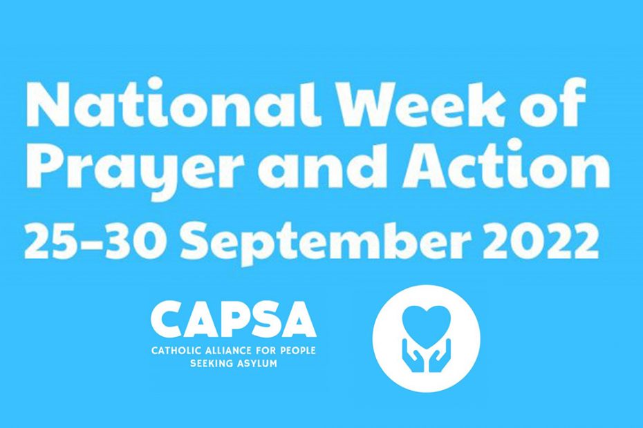 White text "National Week of Prayer and Action 25-30 September 2022" is on a light blue background. The CAPSA emblem is below with a symbol next to it. It is a white circle with two hands lifting a heart within it.