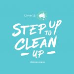 Bright aqua background with "Step up to clean up" written in a relaxed font. Clean up Australia logo above the main text.