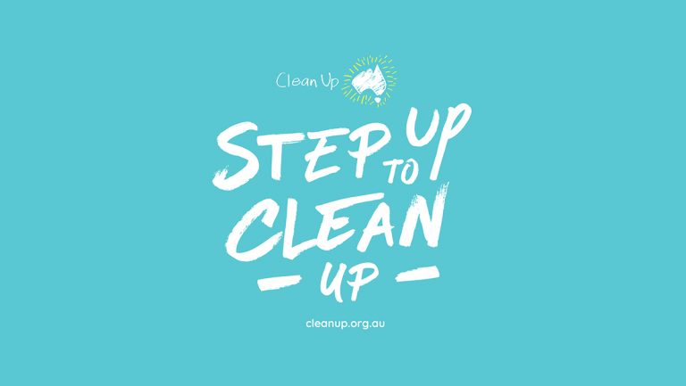 Bright aqua background with "Step up to clean up" written in a relaxed font. Clean up Australia logo above the main text.