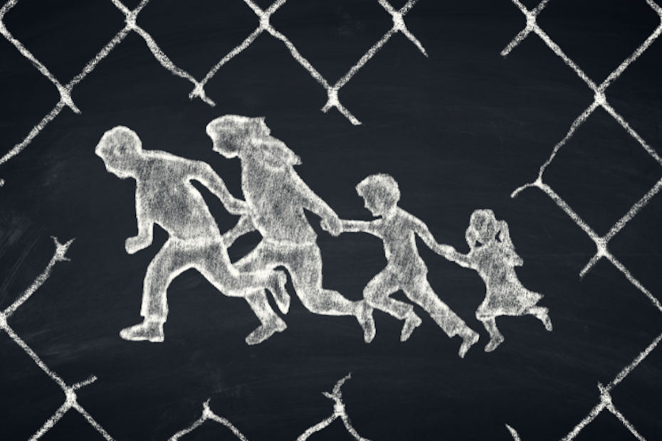 An image drawn on a chalkboard: The Silhouette of a family with two young children fleeing, bordered by chain link fencing